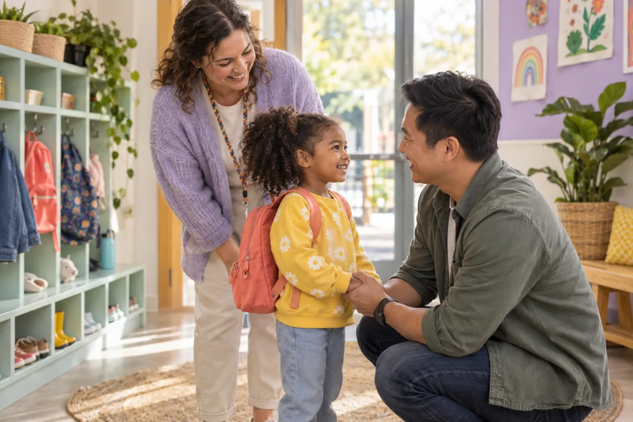 A parent and educator sharing a happy nursery pickup with a young child